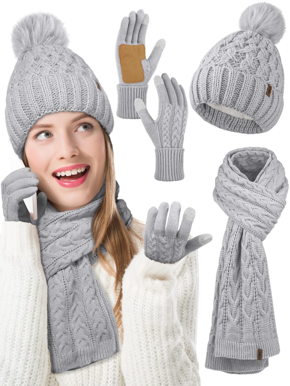 3090 Winter Beanie Hat Scarf Gloves with Pom Pom Fleece Lined Touchscreen